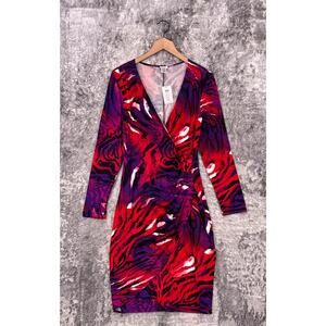New Cache Dress Large Womens Animal Print Faux Wrap Long Sleeve Knee